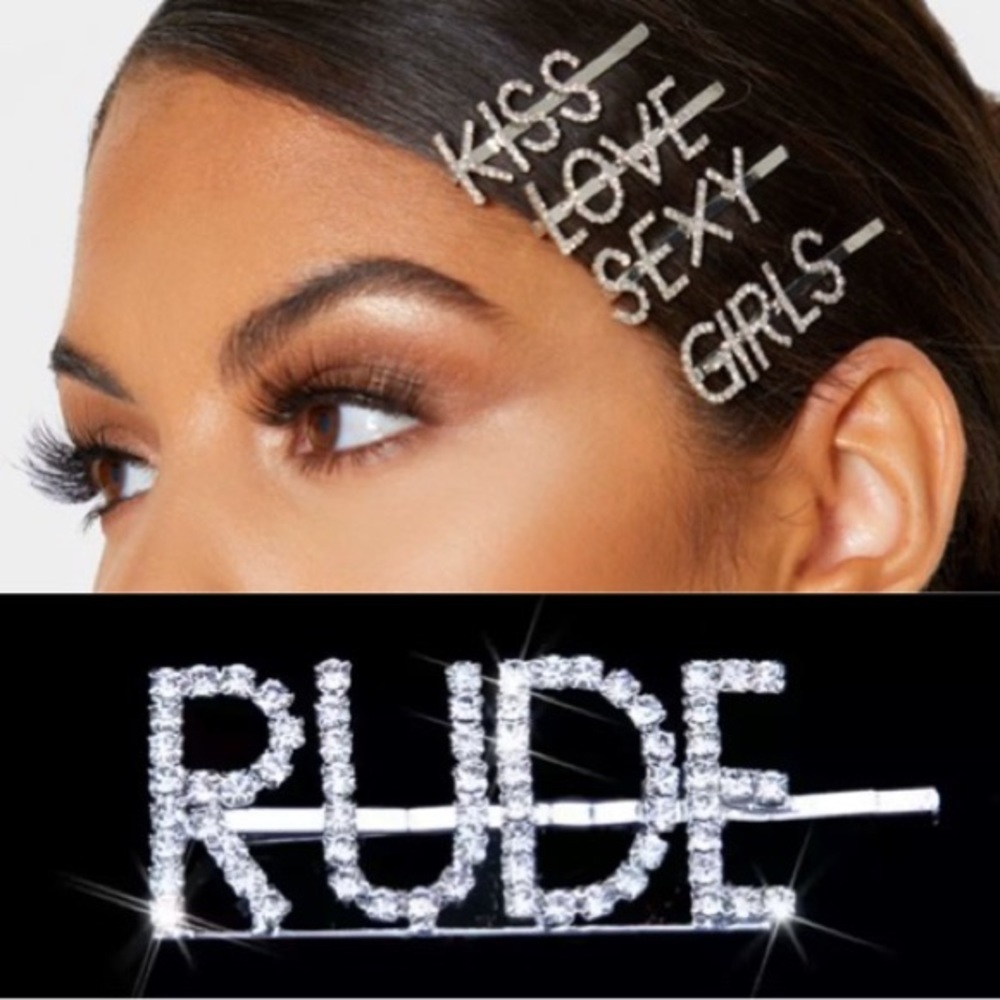 Rude / Word Rhinestone Silver Hair Bobby Pin